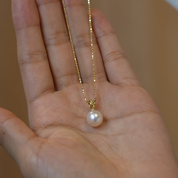 【Maria】Akoya Pearl 9mm Bead Pendant with 1 Diamond (Made in Japan, Tokyo)